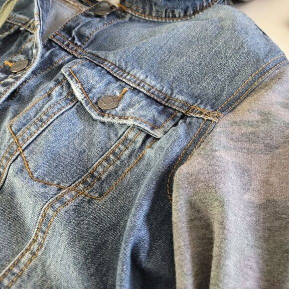 Mudd Jean Jacket Distressed Sleeves Pockets Button Juniors Womens Medium - Picture 8 of 12